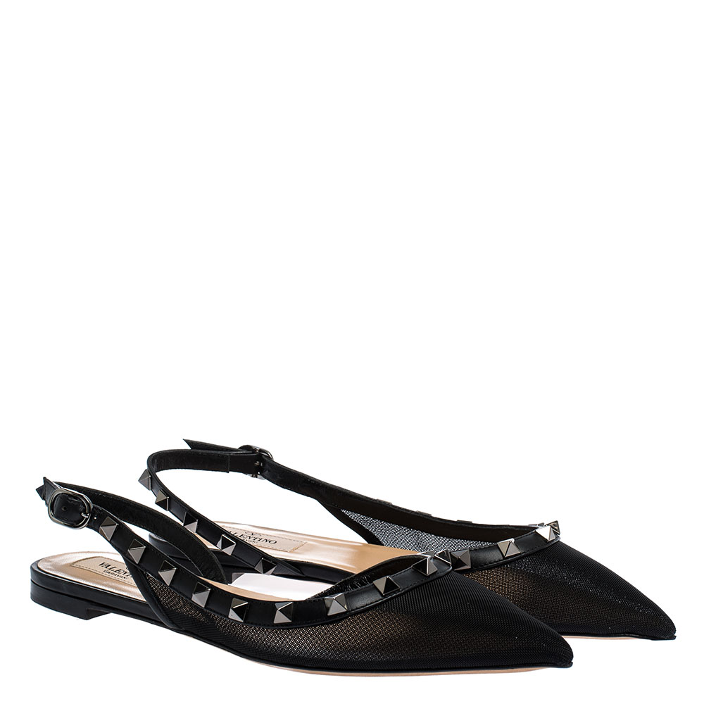 

Valentino Black Mesh and Leather Rockstud Pointed Toe Slingback Flats Size