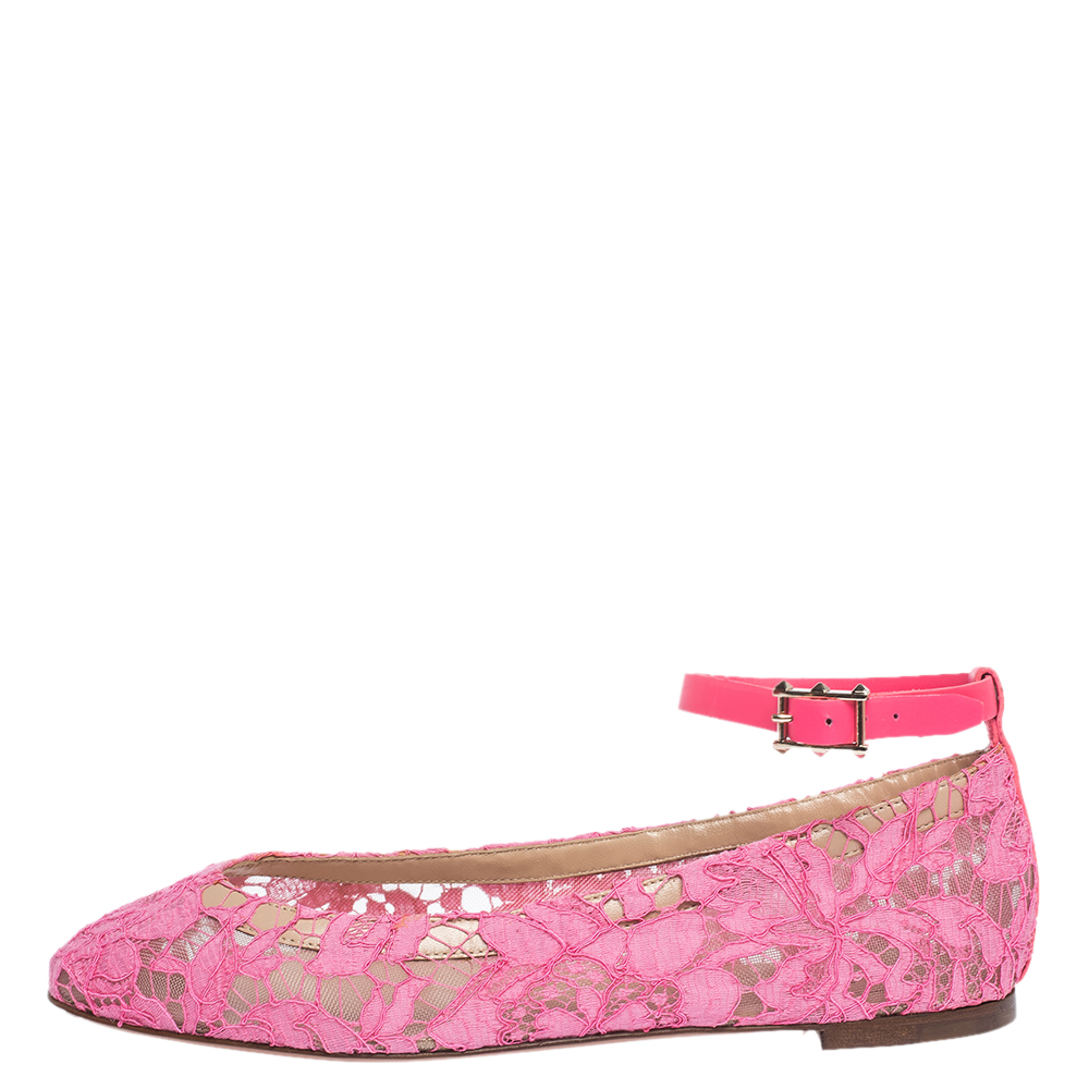 

Valentino Pink Lace Ankle Strap Ballet Flats Size