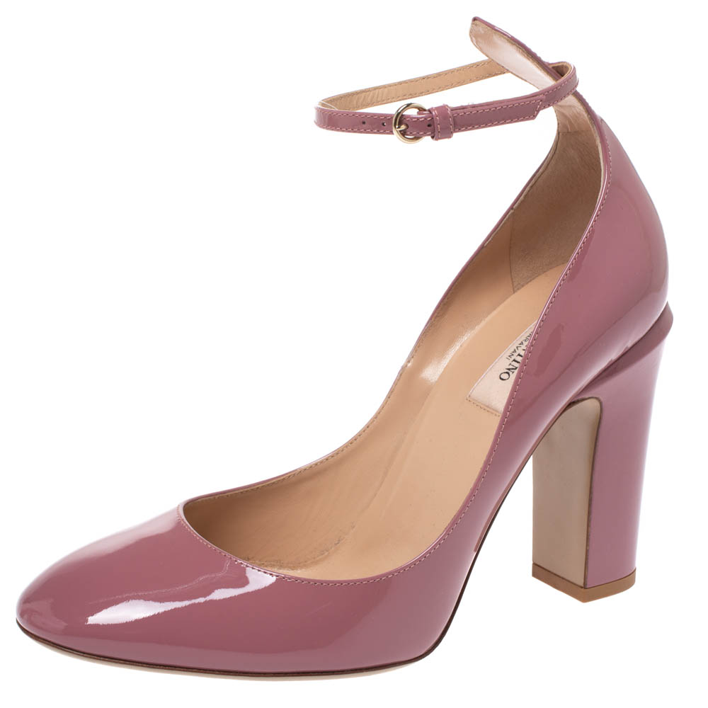 Pre-owned Valentino Garavani Pale Pink Patent Leather Tango Ankle Strap Pumps Size 40