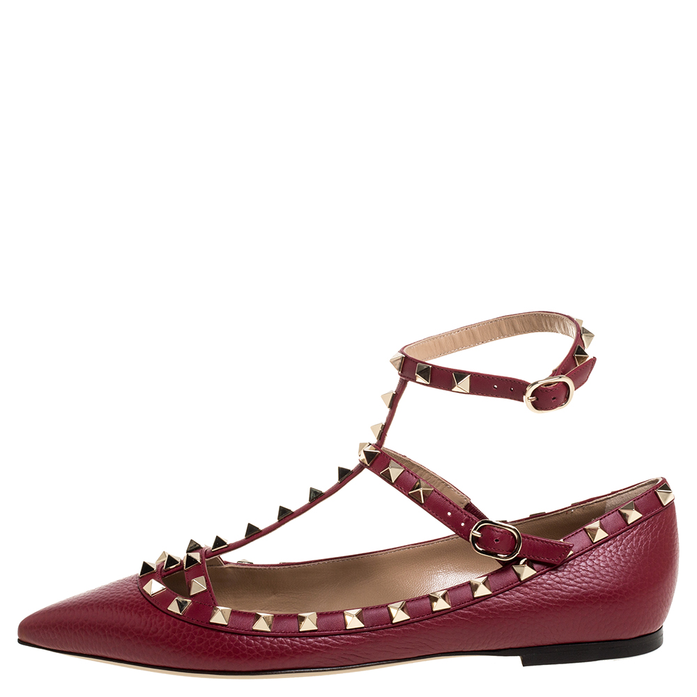 

Valentino Maroon Leather Rockstud Ankle Strap Ballet Flats Size, Burgundy