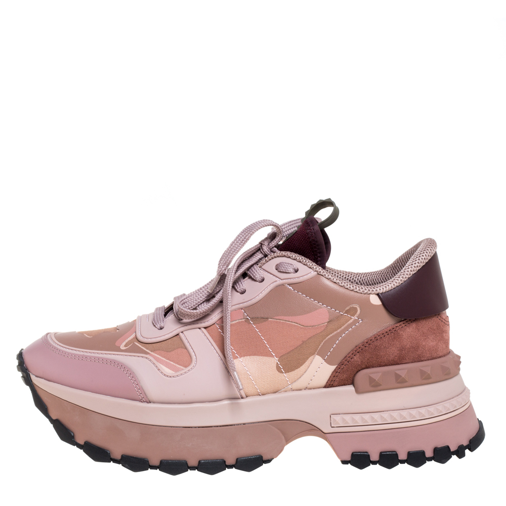 

Valentino Pink Camouflage Leather, Canvas and Suede Platform Sneakers Size