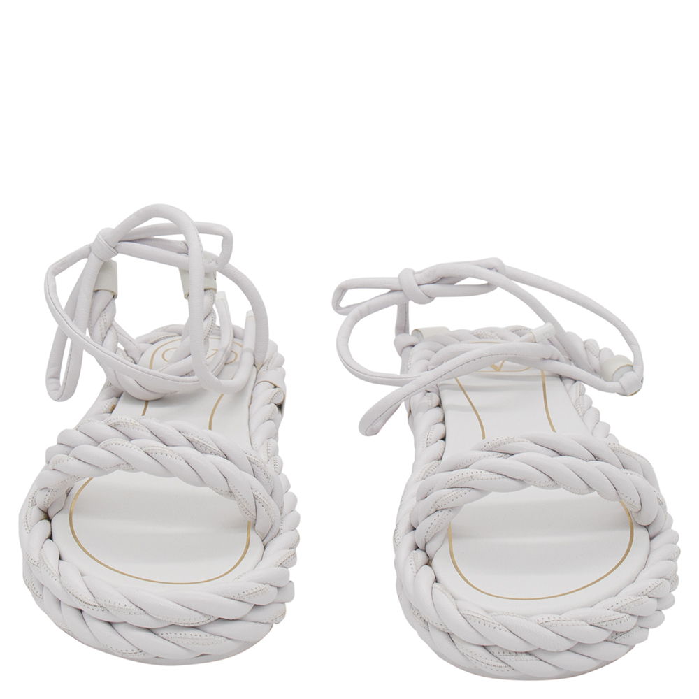 

Valentino White Leather Rope Detail Ankle Wrap Flat Sandals Size