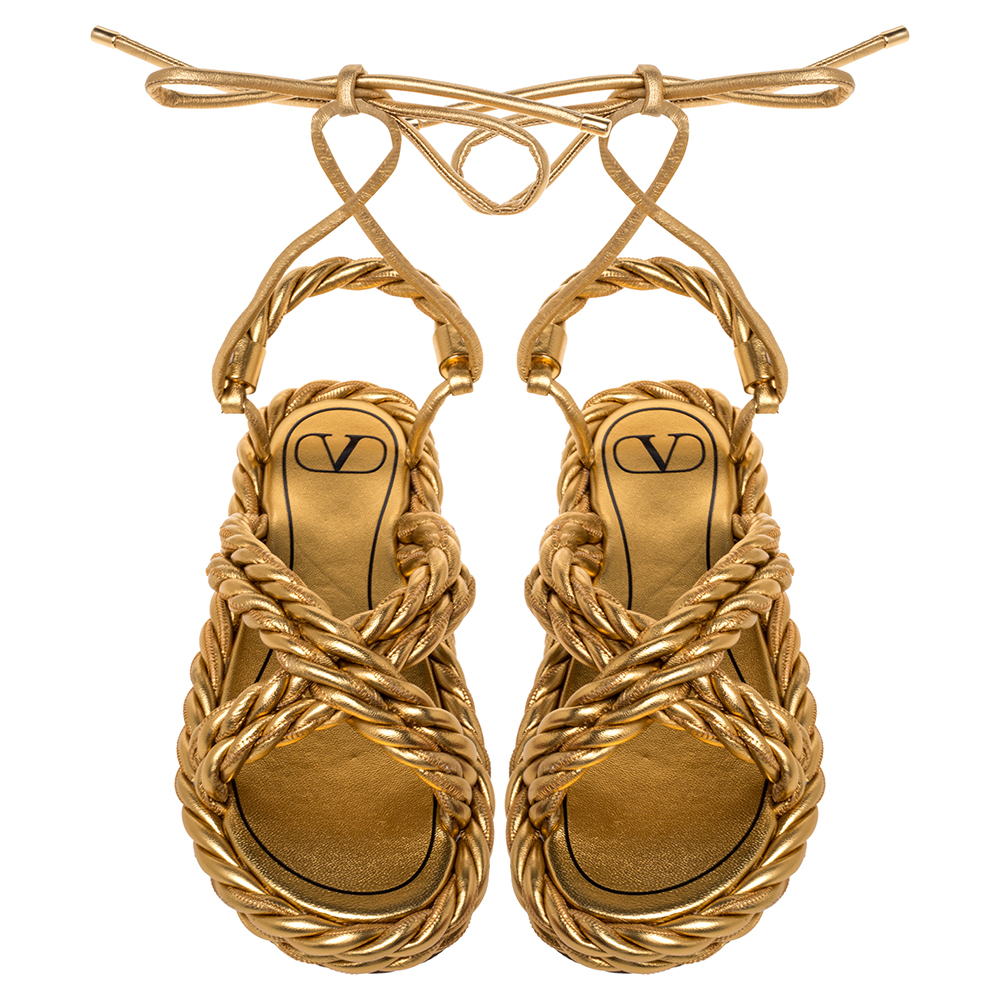 

Valentino Deep Gold Leather The Rope Flat Sandals Size