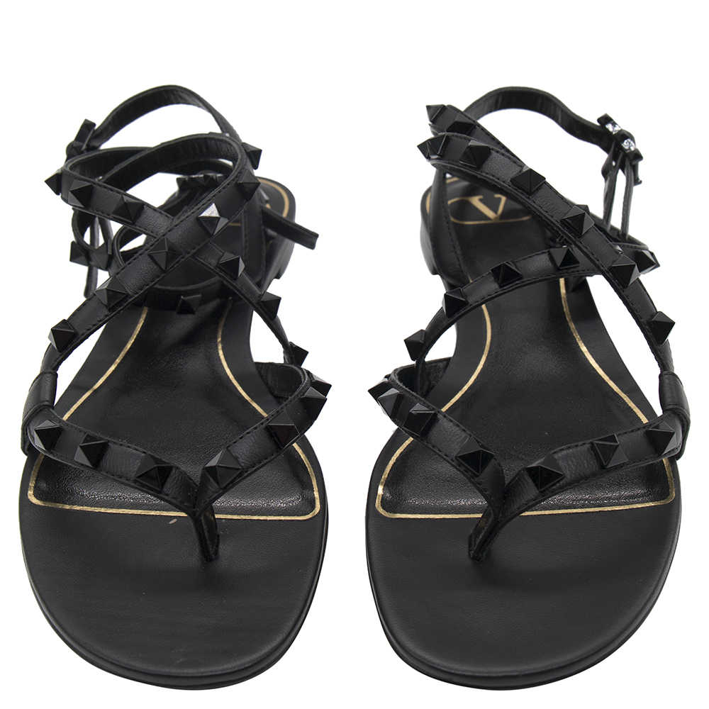 

Valentino Black Leather Rockstud Flair Flat Thong Sandals Size