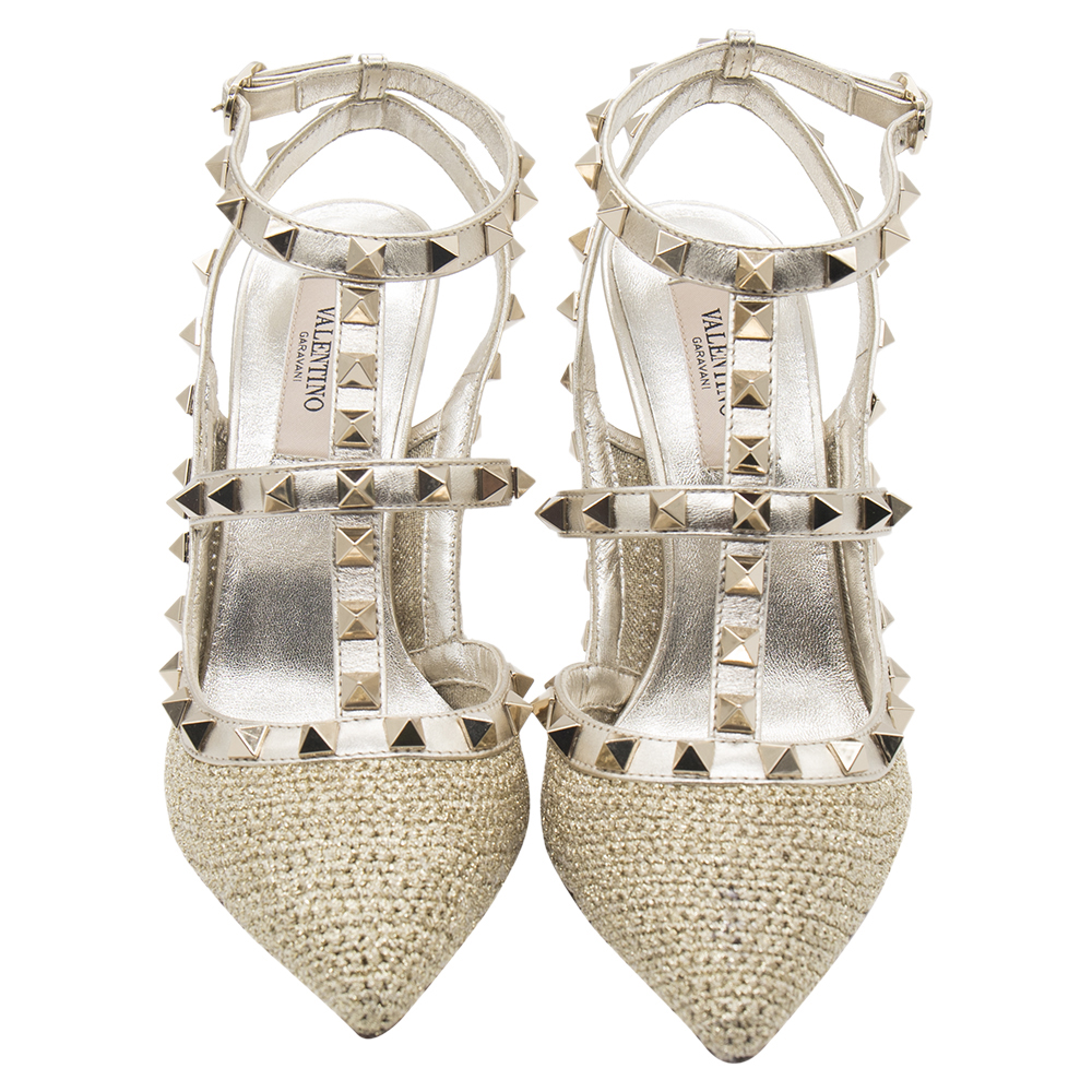 

Valentino Metallic Gold Lurex Crochet Rockstud Embellished Sandals Size