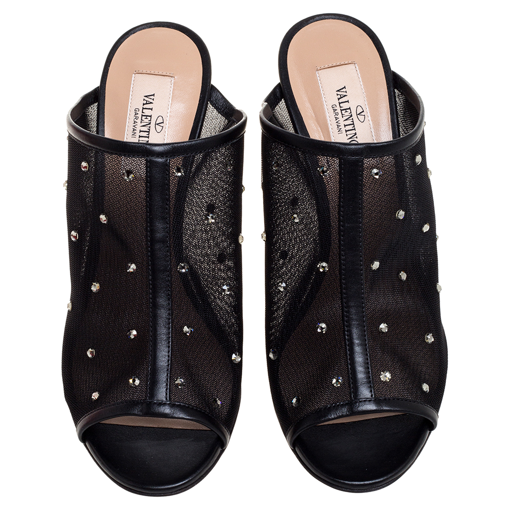 

Valentino Black Mesh and Leather Crystal Embellished Peep Toe Mules Size