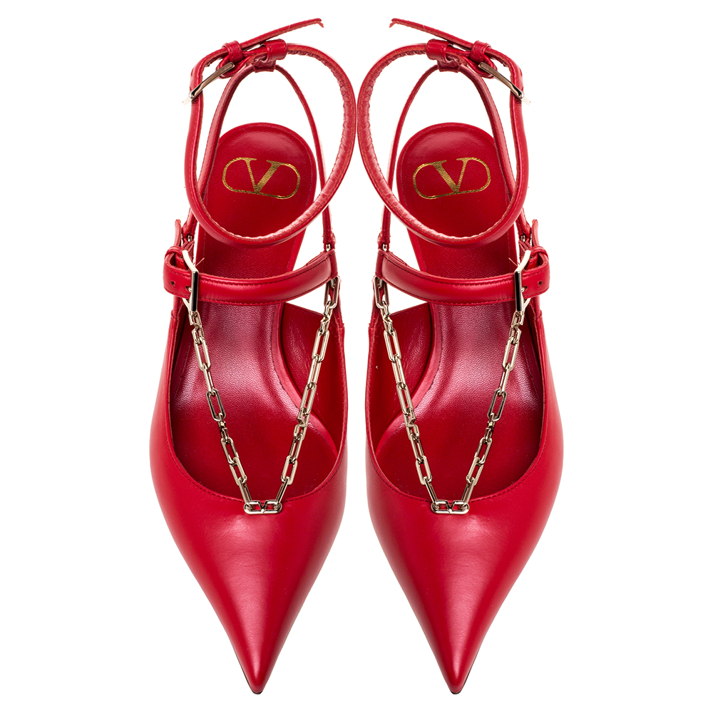 

Valentino Rouge Leather Chain Detail Ankle Strap Pointed Toe Sandals Size, Red
