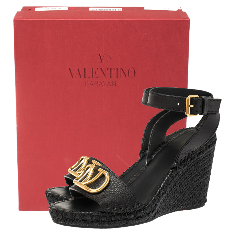 

Valentino Black Leather Vlogo Espadrilles Wedge Sandals Size