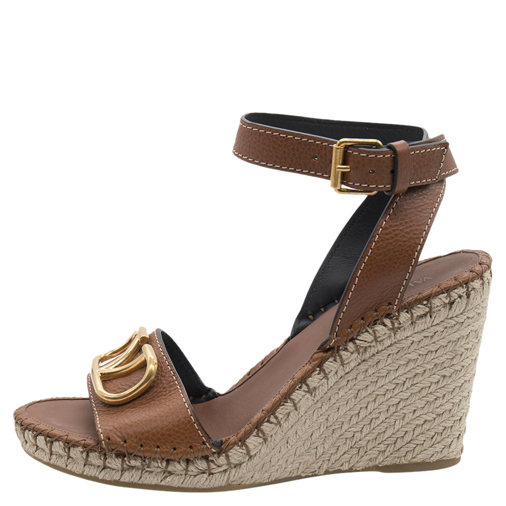 

Valentino Brown Leather Vlogo Espadrilles Wedge Sandals Size