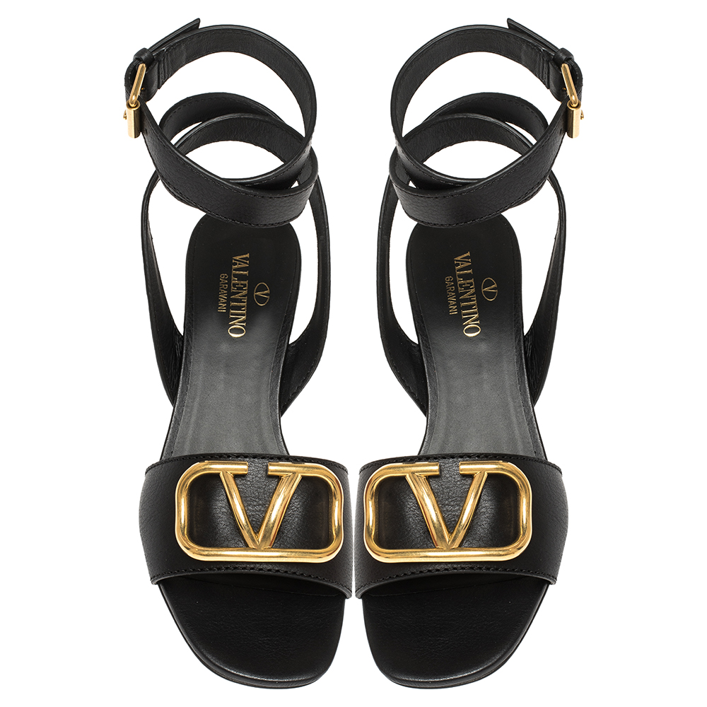 

Valentino Black Leather Vlogo Ankle Wrap Block Heel Sandals Size
