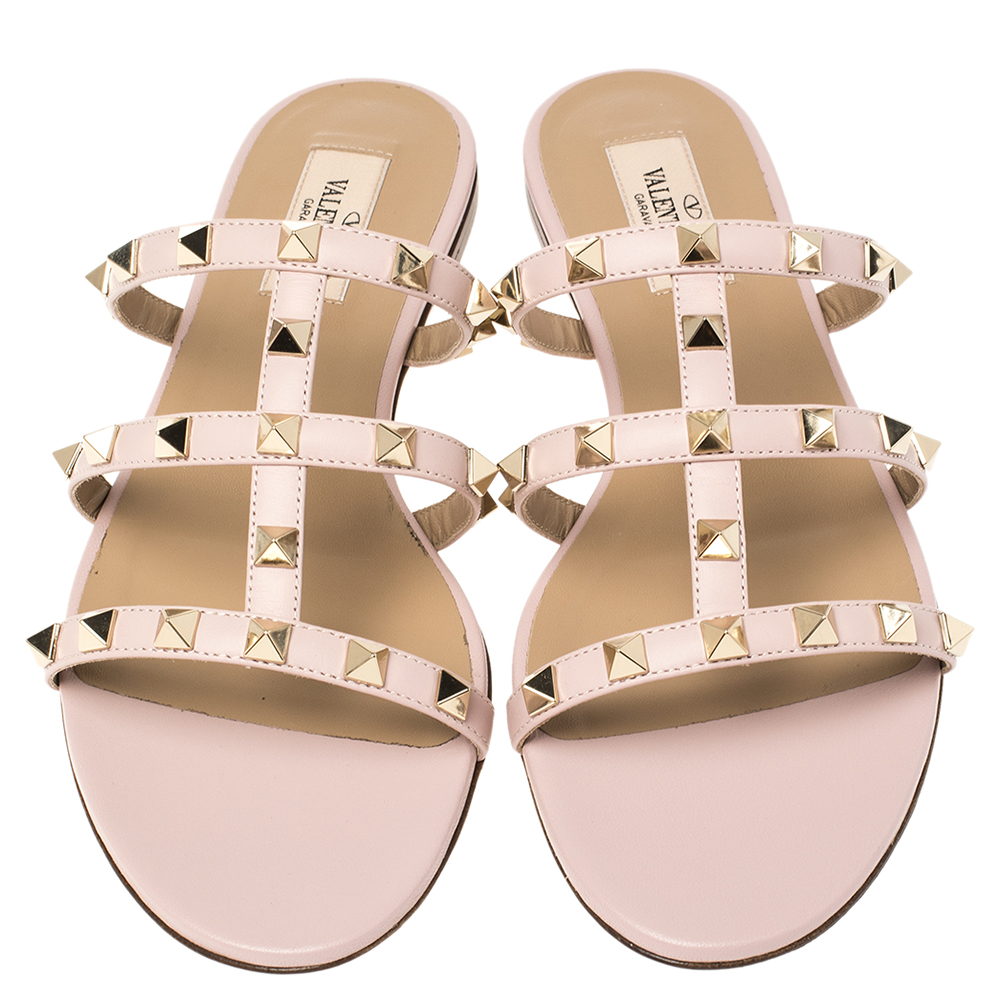 

Valentino Water Rose Leather Rockstud Flat Slides Size, Pink