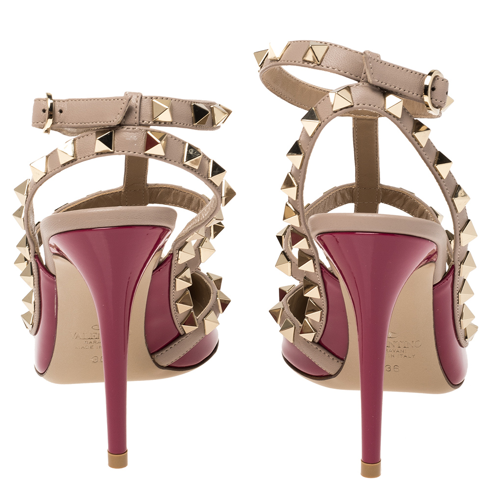 

Valentino Raspberry Pink Patent Leather Rockstud Embellished Pointed Toe Sandals Size