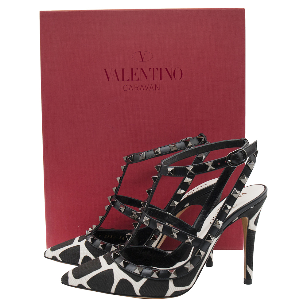 

Valentino Blac/White Canvas and Leather Rockstud Embellished Pointed Toe Sandals Size, Black