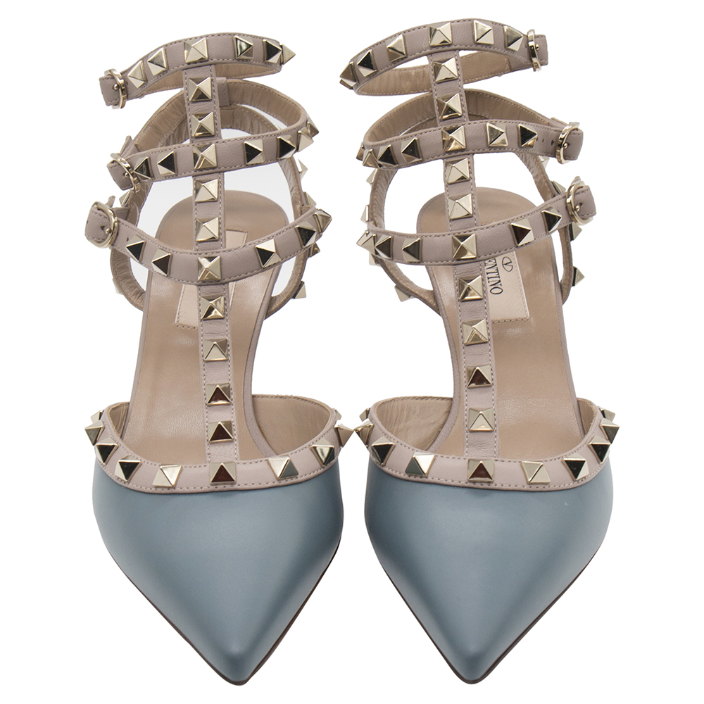 

Valentino Dark Grey Leather Rockstud Embellished Pointed Toe Sandals Size