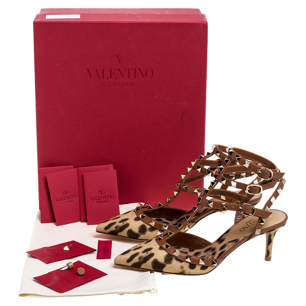 

Valentino Brown/Beige Animal Print Canvas Rockstud Embellished Pointed Toe Sandals Size