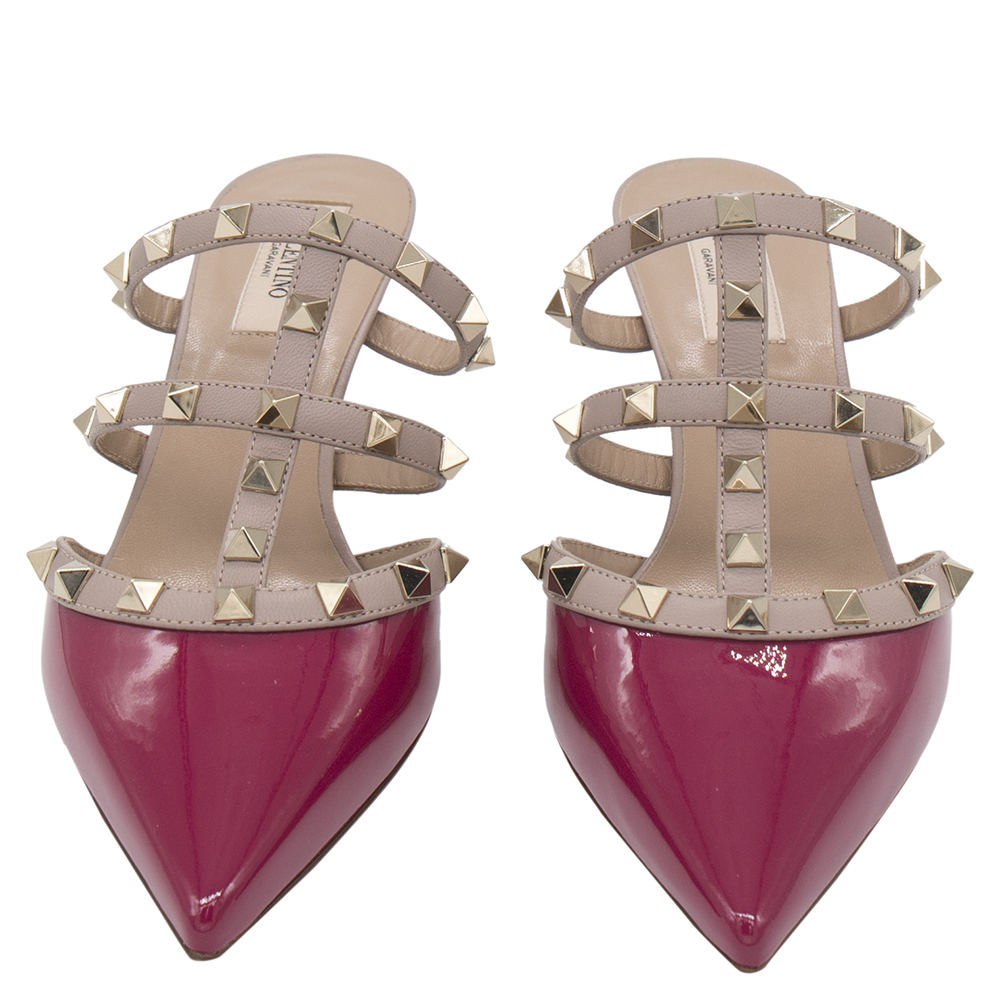 

Valentino Raspberry Pink Patent Leather Rockstud Embellished Pointed Toe Mules Size