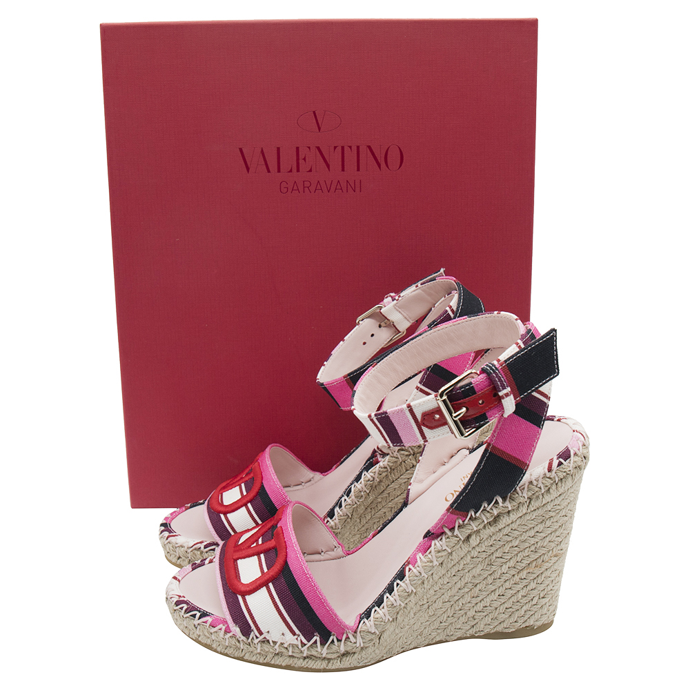 

Valentino Pink/Purple Stripes Print Canvas Vlogo Ankle Strap Espadrille Wedge Sandals Size