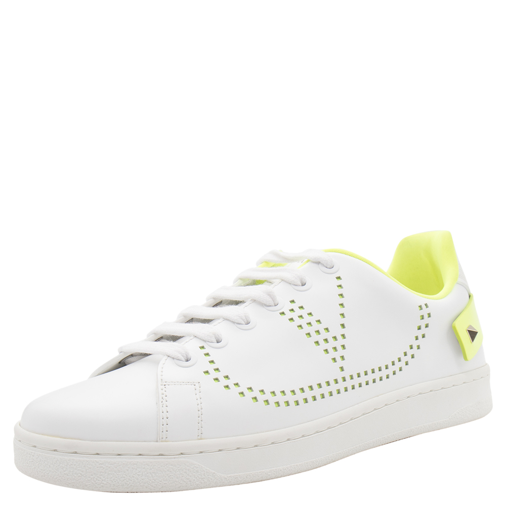 Valentino White/Florescent Green V-Logo Leather Sneakers Size 39