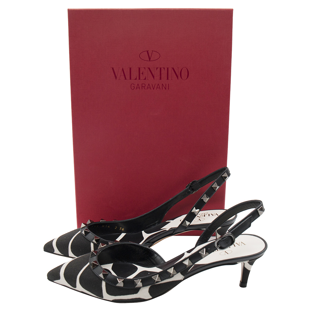 

Valentino Black/White Animal Print Canvas Rockstud Embellished D'orsay Slingback Sandals Size