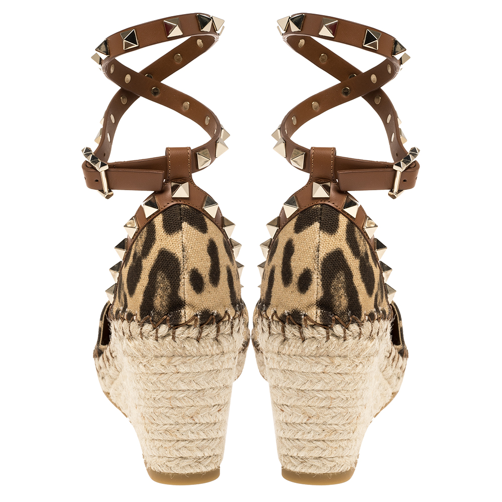 

Valentino Beige/Brown Leopard Print Canvas Espadrille Wedge Sandals Size
