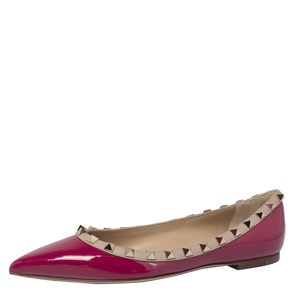 Valentino Raspberry Pink/Poudre Patent Leather Rockstud Toe Ballet Flats Size 41 Valentino | TLC