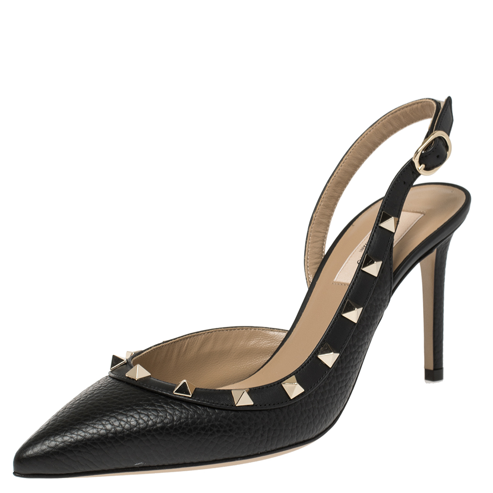 Valentino Black Leather Rockstud Pointed Toe Slingback Sandals Size 37.5