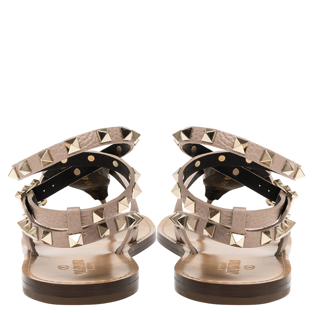 

Valentino Beige Leather Rockstud Embellished Ankle Wrap Flat Thong Sandals Size