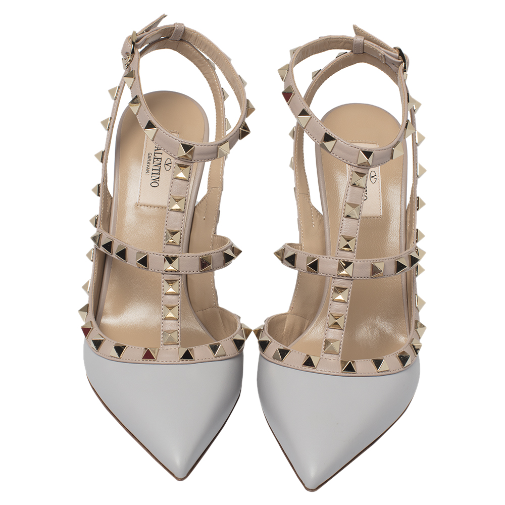 

Valentino Pastel Grey/Poudre Leather Rockstud Ankle Strap Pointed Toe Sandals Size