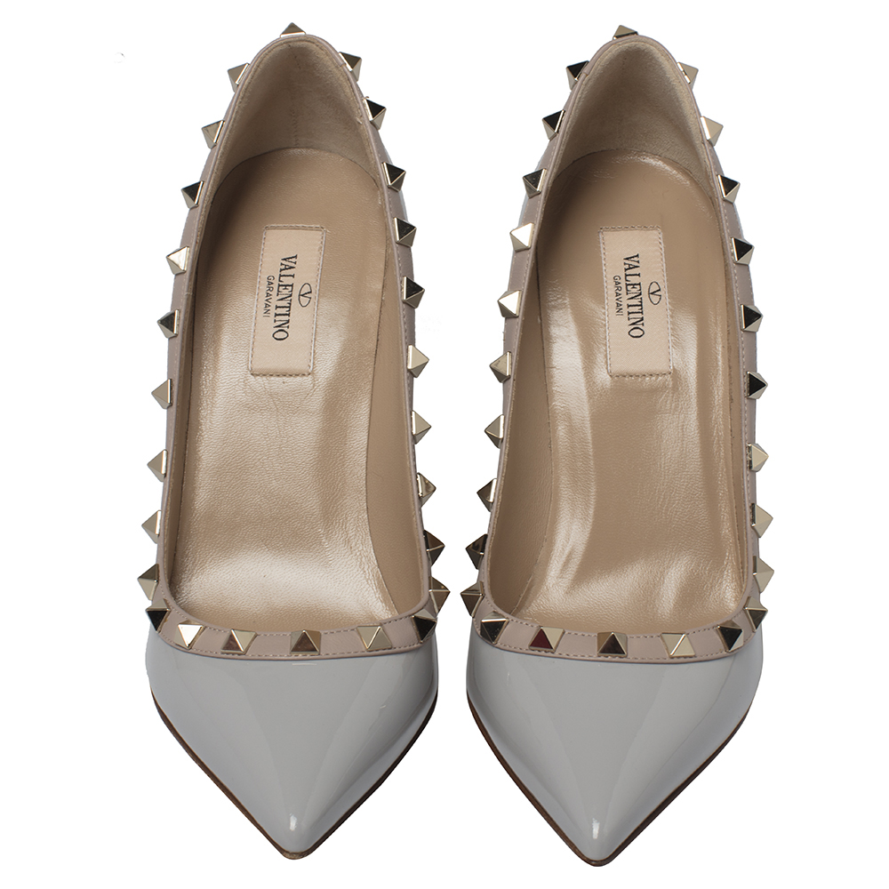 

Valentino Pastel Grey/Poudre Patent Leather Rockstud Pointed Toe Pumps Size