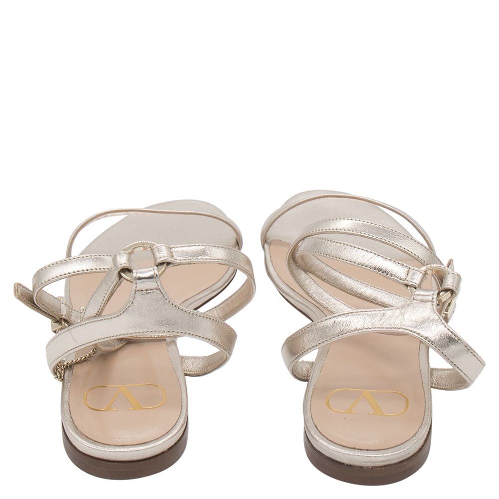 

Valentino Metallic Beige Leather Ankle Wrap Flat Sandals Size