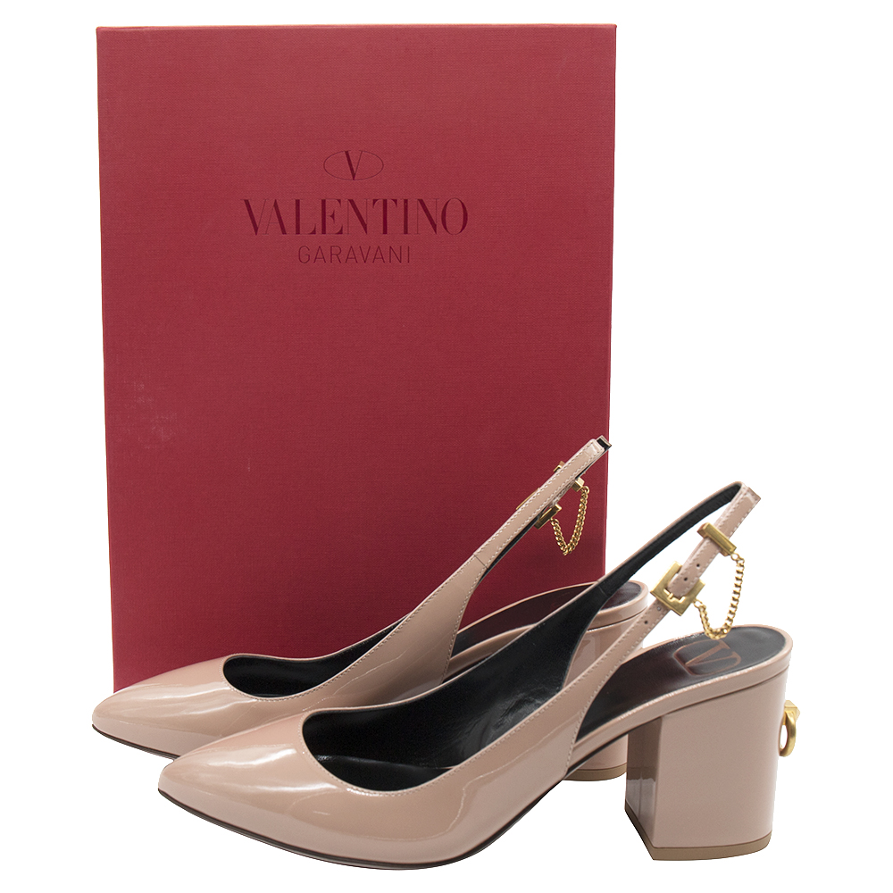 

Valentino Beige Patent Leather Pointed Toe Block Heel Slingback Sandals Size