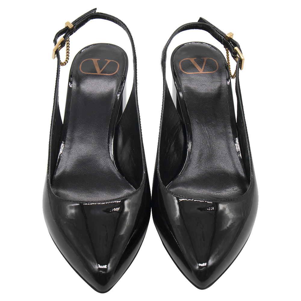 

Valentino Black Patent Leather Pointed Toe Block Heel Slingback Sandals Size