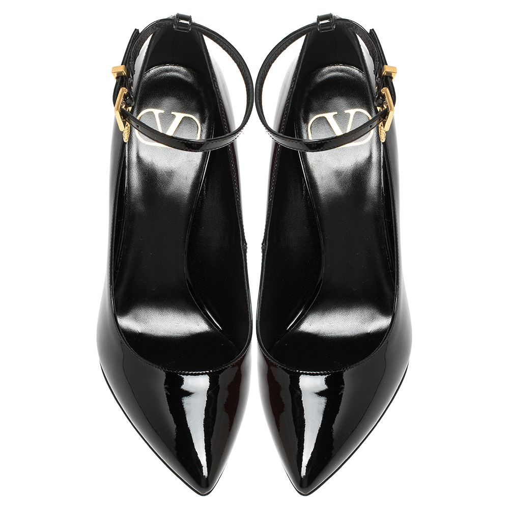 

Valentino Black Patent Leather Ankle Strap Wedge Pointed Toe Pumps Size