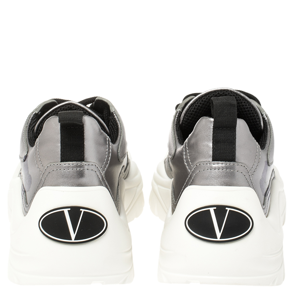 

Valentino x Undercover Metallic Silver Leather Butterfly Print Sneakers Size