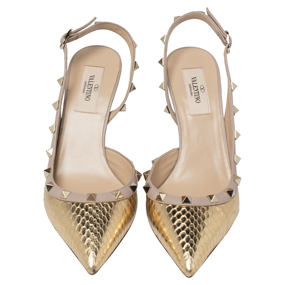 

Valentino Gold/Poudre Python and Leather Rockstud Slingback Pointed Toe Pumps Size