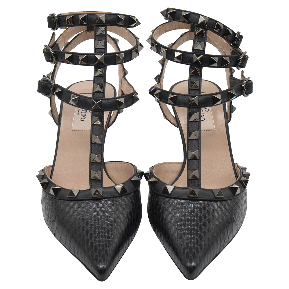 

Valentino Black Snakeskin Leather Rockstud Embellished Pointed Toe Sandals Size