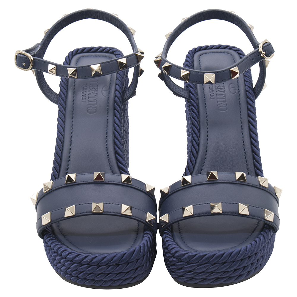 

Valentino Pure Blue Leather Rockstud Ankle Strap Wedge Sandals Size