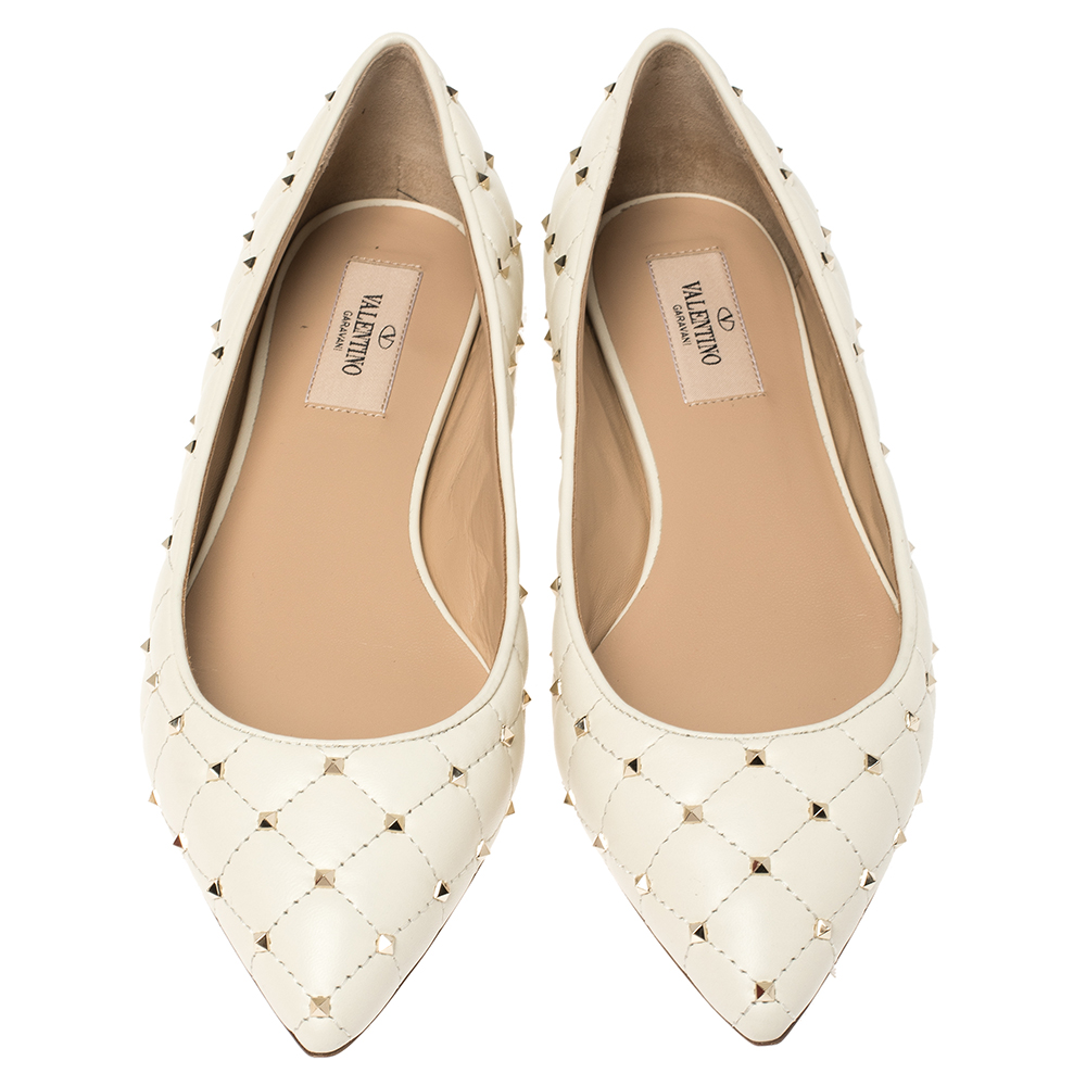 

Valentino Ivory Leather Rockstud Embellished Pointed Toe Ballet Flats Size, White