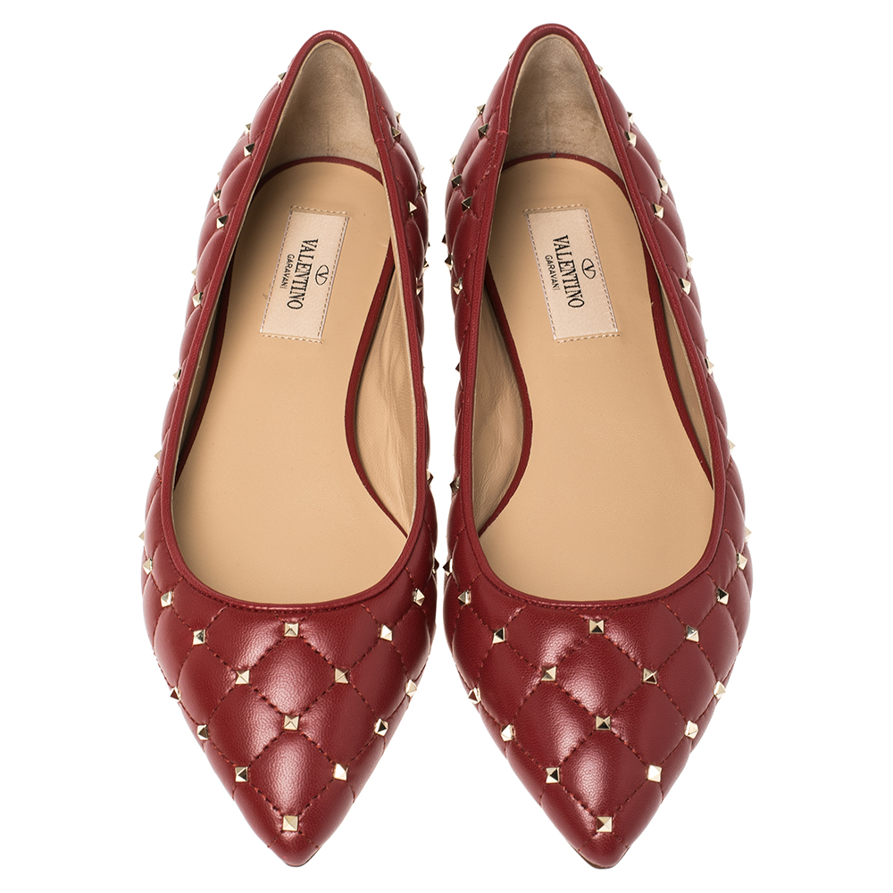 

Valentino Red Quilted Leather Rockstud Spike Pointed Toe Ballet Flats Size