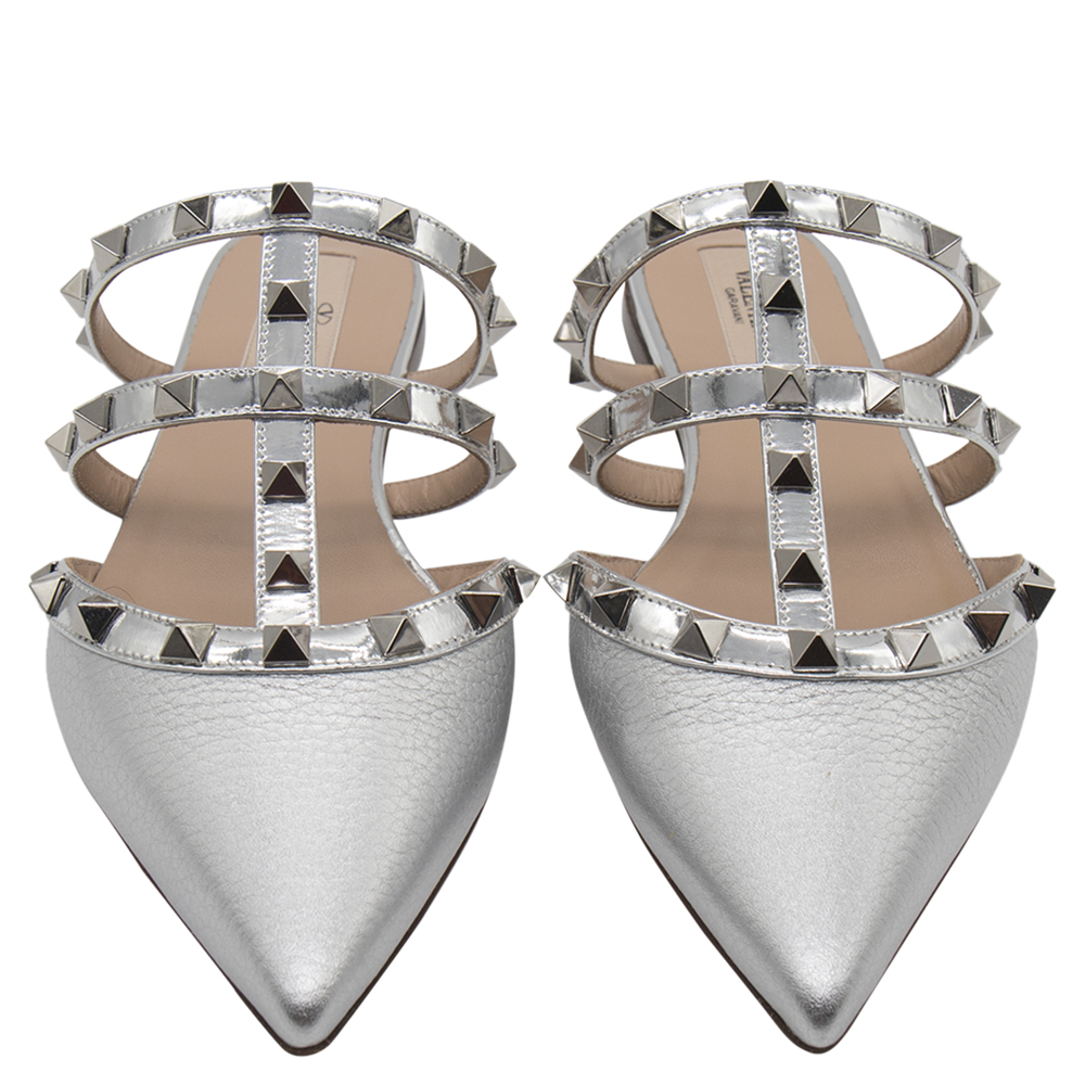 

Valentino Metallic Silver Leather Rockstud Embellished Pointed Toe Flat Mules Size