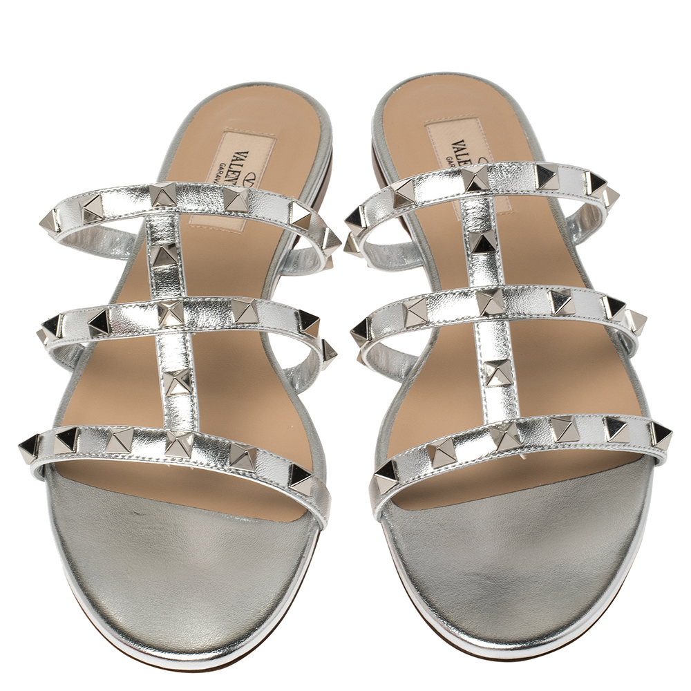 

Valentino Silver Leather Rockstud Flat Slides Size
