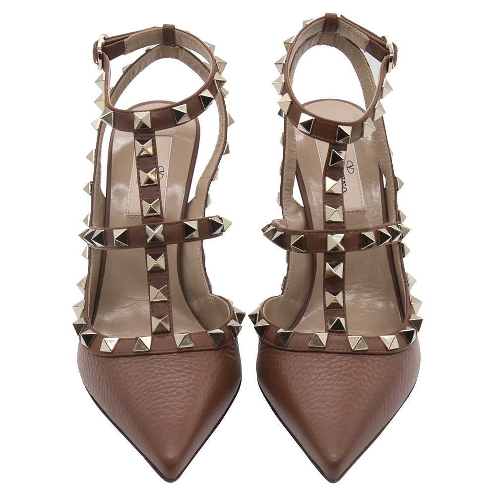 

Valentino Bright Cognac Leather Rockstud Ankle Strap Pointed Toe Sandals Size, Brown