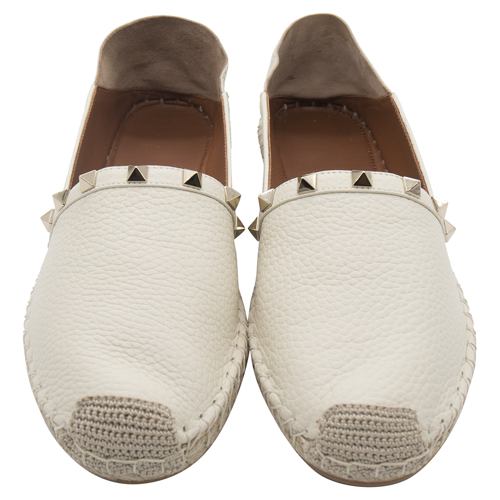 

Valentino Ivory Leather Rockstud Embellished Slip On Espadrille Flats Size, White