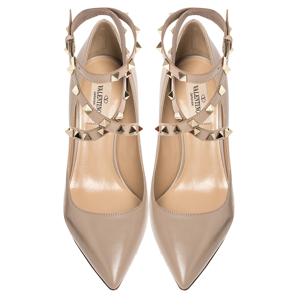 

Valentino Beige Leather Rockstud Embellished Ankle Wrap Pointed Toe Pumps Size