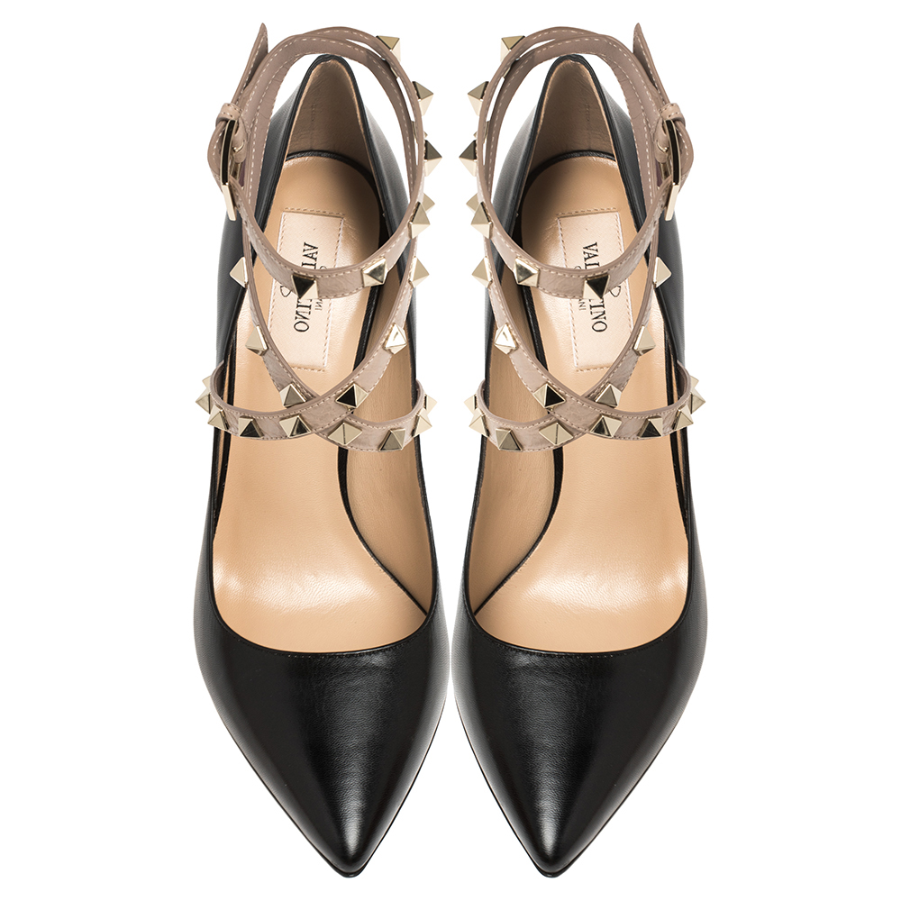 

Valentino Black/Beige Leather Rockstud Embellished Ankle Wrap Pointed Toe Pumps Size