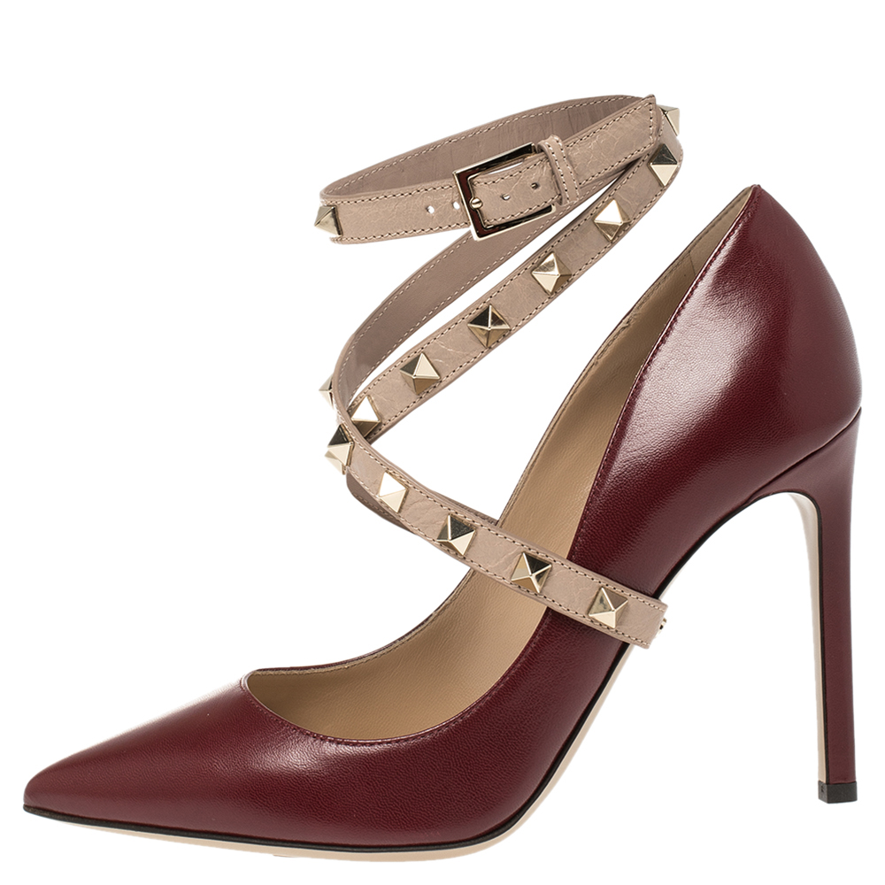 

Valentino Ruby Red/ Beige Leather Rockstud Embellished Ankle Wrap Pointed Toe Pumps Size, Burgundy