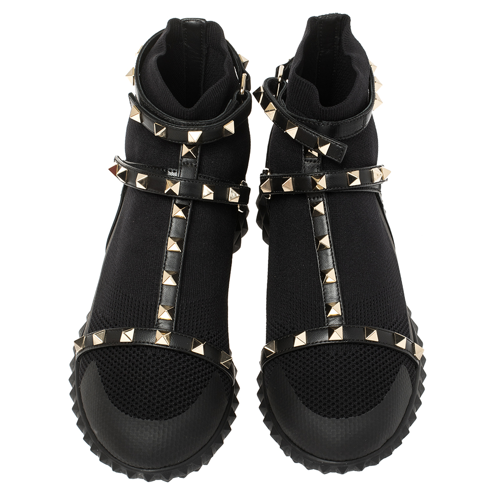 

Valentino Black Cotton Knit Rockstud Embellished Strap High Top Slip On Sneakers Size