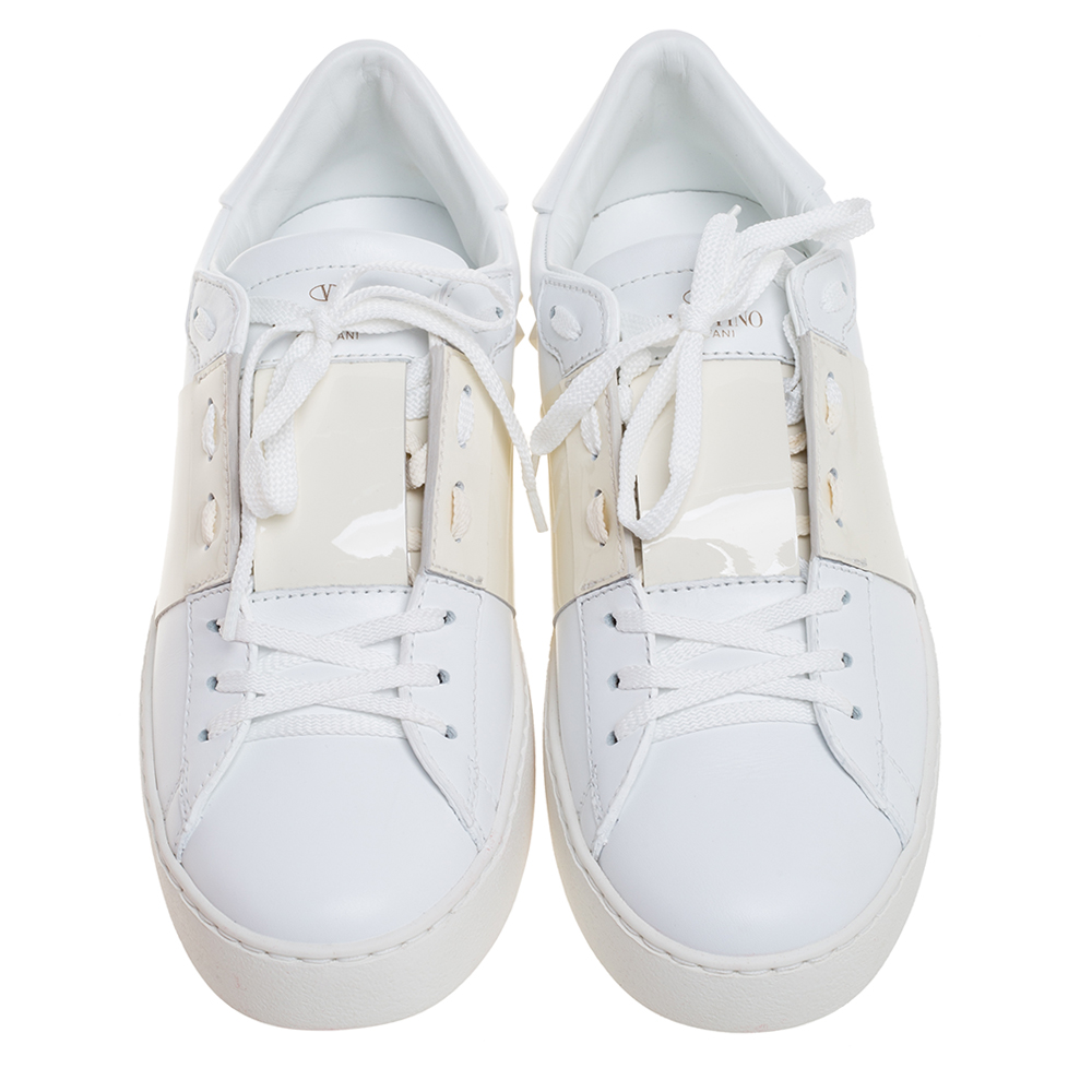 

Valentino White And Beige Patent Leather Band Open Low Top Sneakers Size
