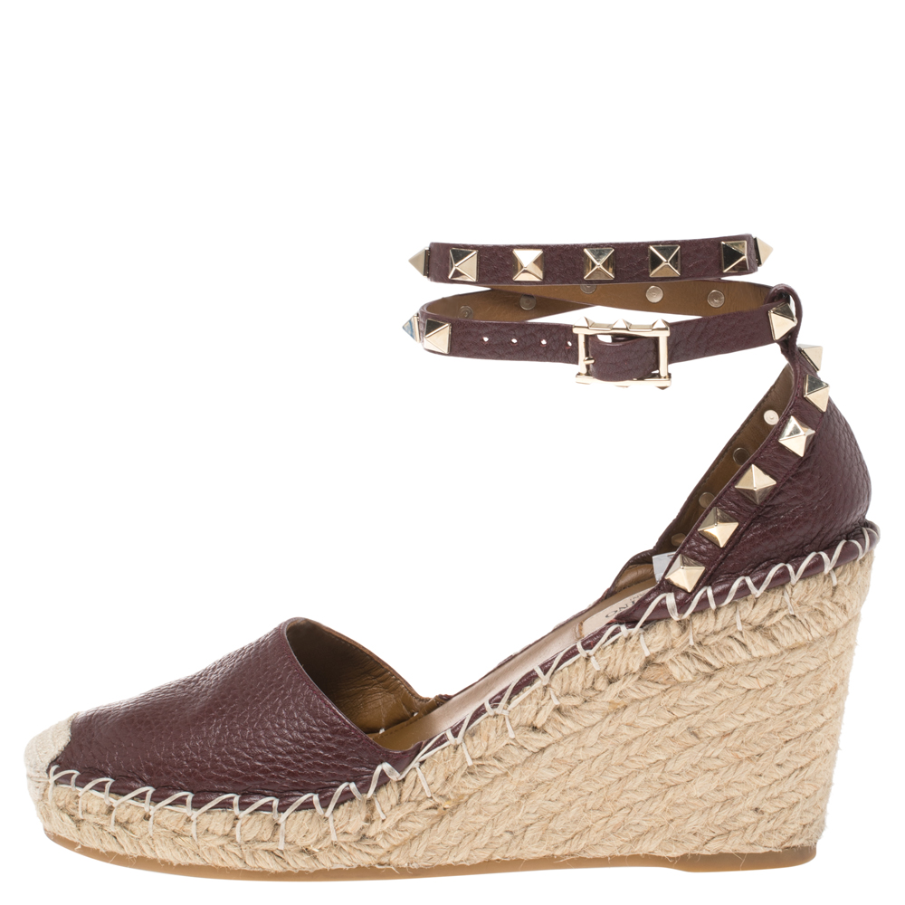 

Valentino Maroon Leather Rockstud Espadrille Wedge Ankle Wrap Sandals Size, Burgundy