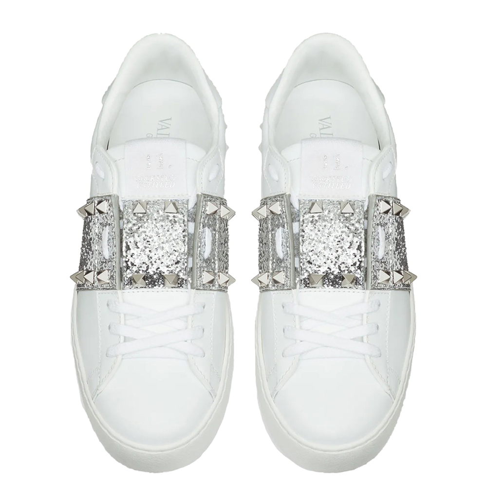 

Valentino Garavani White Glitter Rockstud Untitled Sneakers Size EU